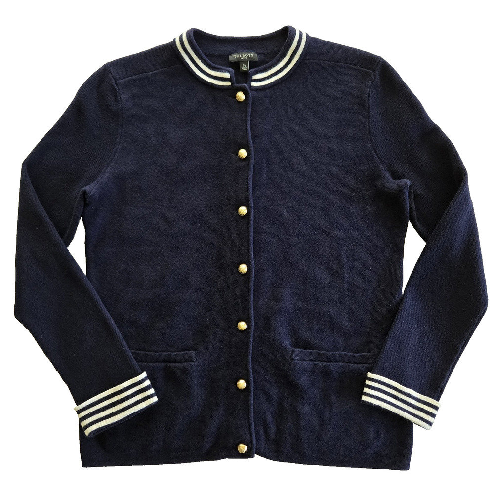 Talbots Sweater Womens S Navy Blue Cotton Silk Cardigan Nautical Classic Preppy